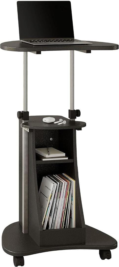 Techni Mobili Sit-to-Stand Rolling Adjustable Height Laptop Cart with Storage, Graphite, 22 x 16 x 46, 21.5"w X 15.75"d X 46"h