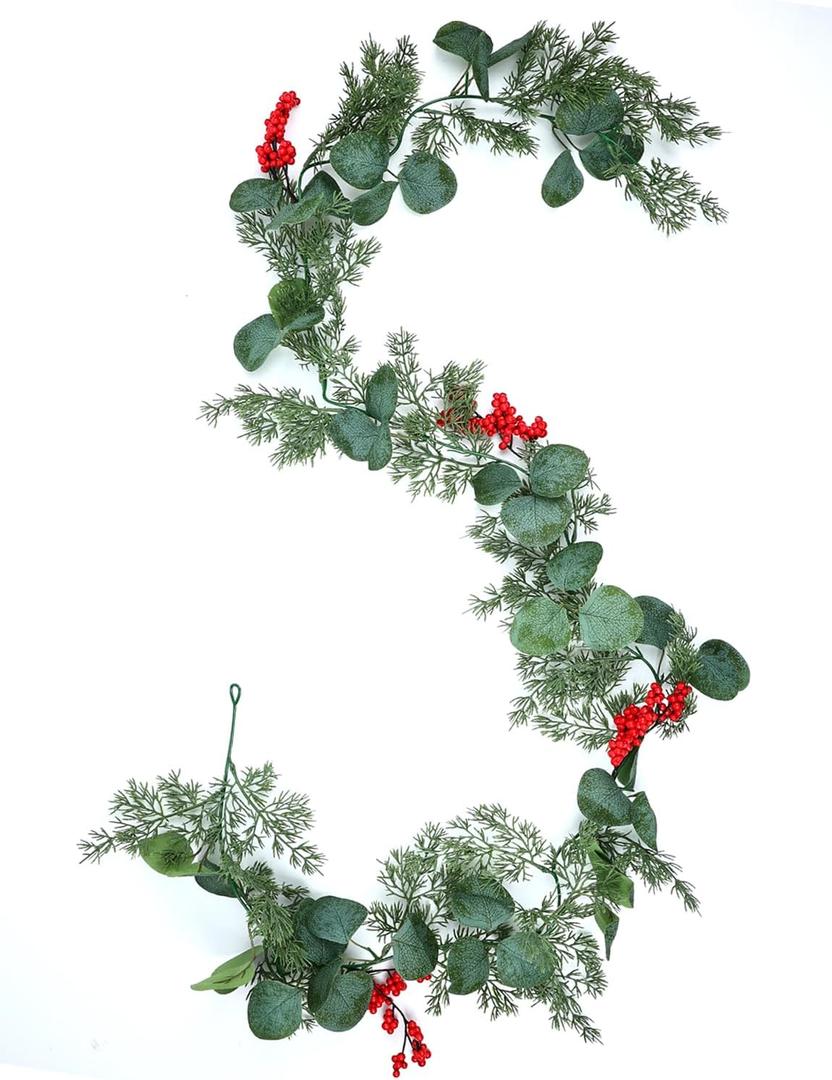 5.9 Feet Eucalyptus Leaves Red Berry Norfolk Pine Christmas Greenery Garland for Table, Mantle, Wall, Indoor, Outdoor Christmas Decorations