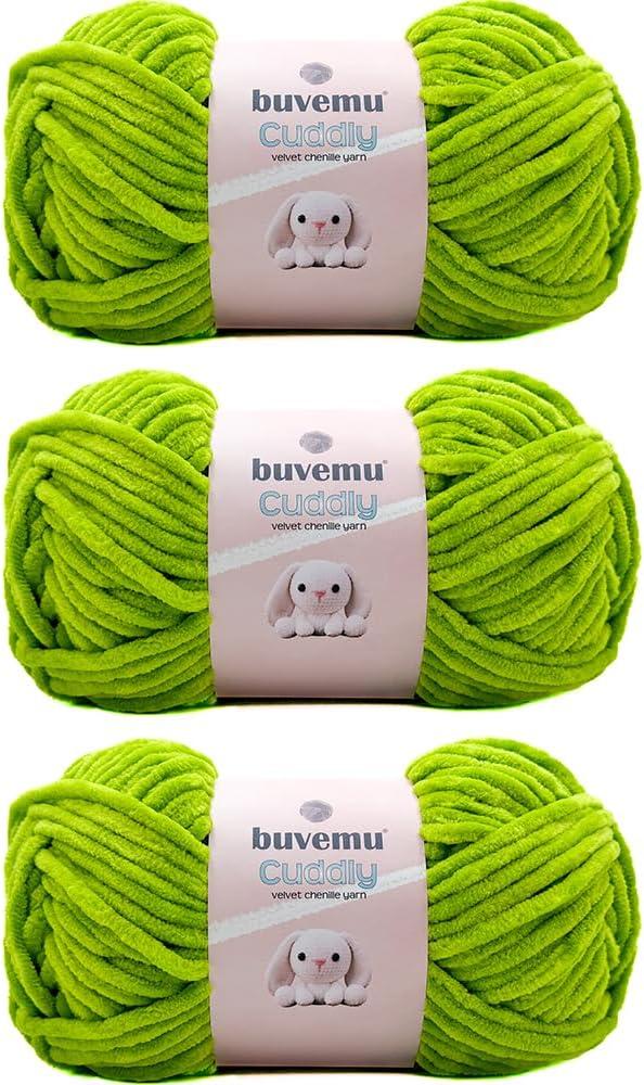 Cuddly Velvet Chenille Yarn, Super Soft Fluffy Bulky for Knitting Crocheting Blanket Amigurumi, Durable for Shedding, 100 Gram (3.53 Ounces) 109 Yards (100 Meters) (Apple Green) (3 Skeins)