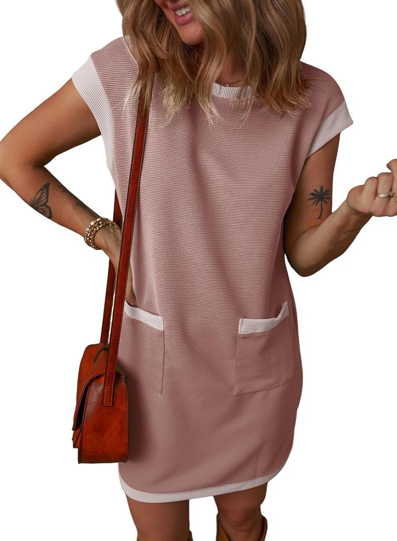 Dokotoo Women's 2026 Casual Spring Summer Dresses Fashion Cap Sleeve Color Block Crewneck Shift Tshirt Mini Dress (Pink, S)