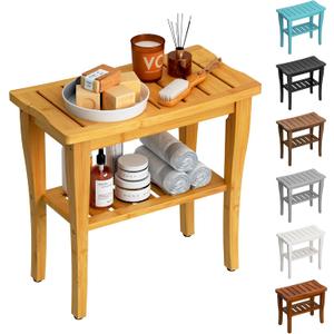 Bamboo Shower Bench Stool with Storage Shelf, Waterproof Shower Chair Spa Bath Seat, Shower Stool for Inside Shower, Bathroom Bench Seat for Adults Elderly Seniors for Indoor or Outdoor Use (Natural)