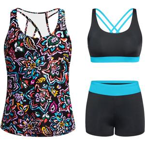 Tempt Me 3 Piece Tankini Swimsuits for Women Athletic Bathing Suits Swim Tank Top with Boy Shorts and Bra Modest Swimwear (X-Large, Colorful Paisley)
