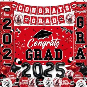 NUTTYBASH Graduation Decorations Class of 2025, Red Graduation Party Decorations Set Includes Congrats Grad Backdrop Banner, 2025 Foil Balloons and Latex Balloons, Graduation Party Supplies