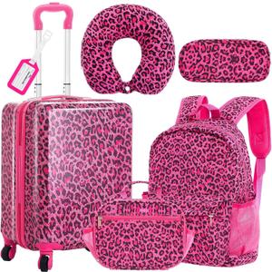 Redbaker Set of 6 Kids Luggage Set 17 Inch Kids Rolling Luggage Double Pattern Suitcase for Girls Boys School Gift(Hot Pink, Leopard Print Style)