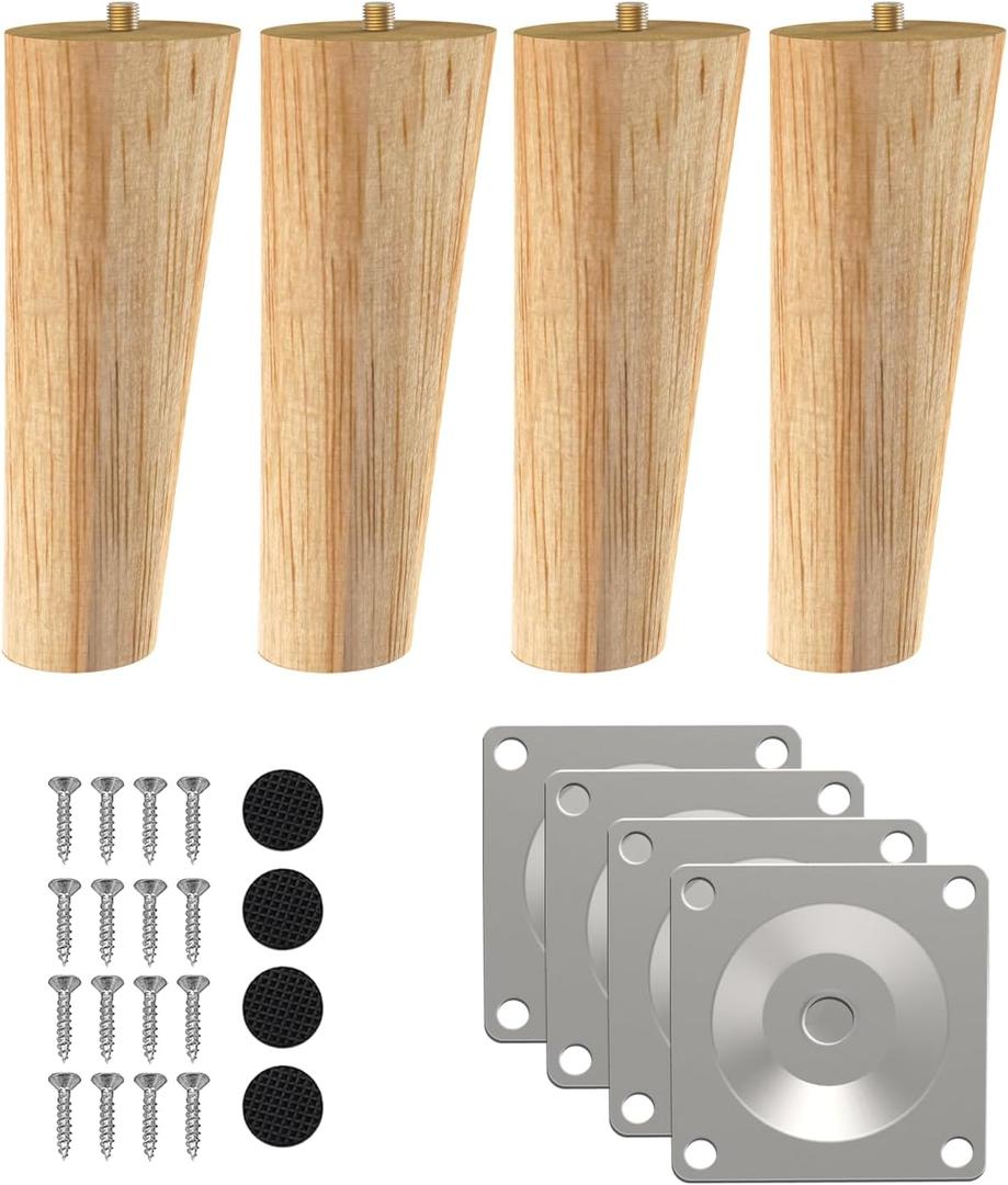 Wood Furniture Legs, 6 inch Solid Wood Sofa Legs Pack of 4 Round Couch Legs Replacement Legs for Sofa Dresser Coffee Table Cabinet Bed Home DIY (6"/15cm Slant) (6"x2.3")
