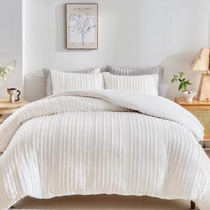 WARMDERN White Boho Duvet Cover Set Queen Size, Striped Textured Tufted Bedding Set, 3 Pcs Ultra Soft Washed Microfiber with Zipper Closure (Queen, White)