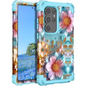 PIXIU Unique Flower Pattern Compatible with Samsung Galaxy S25 Ultra case, Heavy Duty Dual Layer Shockproof Full-Body Protective Sturdy Hybrid Cute Rugged Case for Women,Girls,Kids-Pink