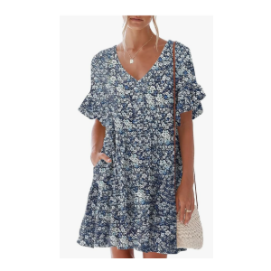nclook Womens Summer Casual Dresses Sweet Cute V Neck Mini Dress with Pockets Ruffle Short Sleeve,Blue, M