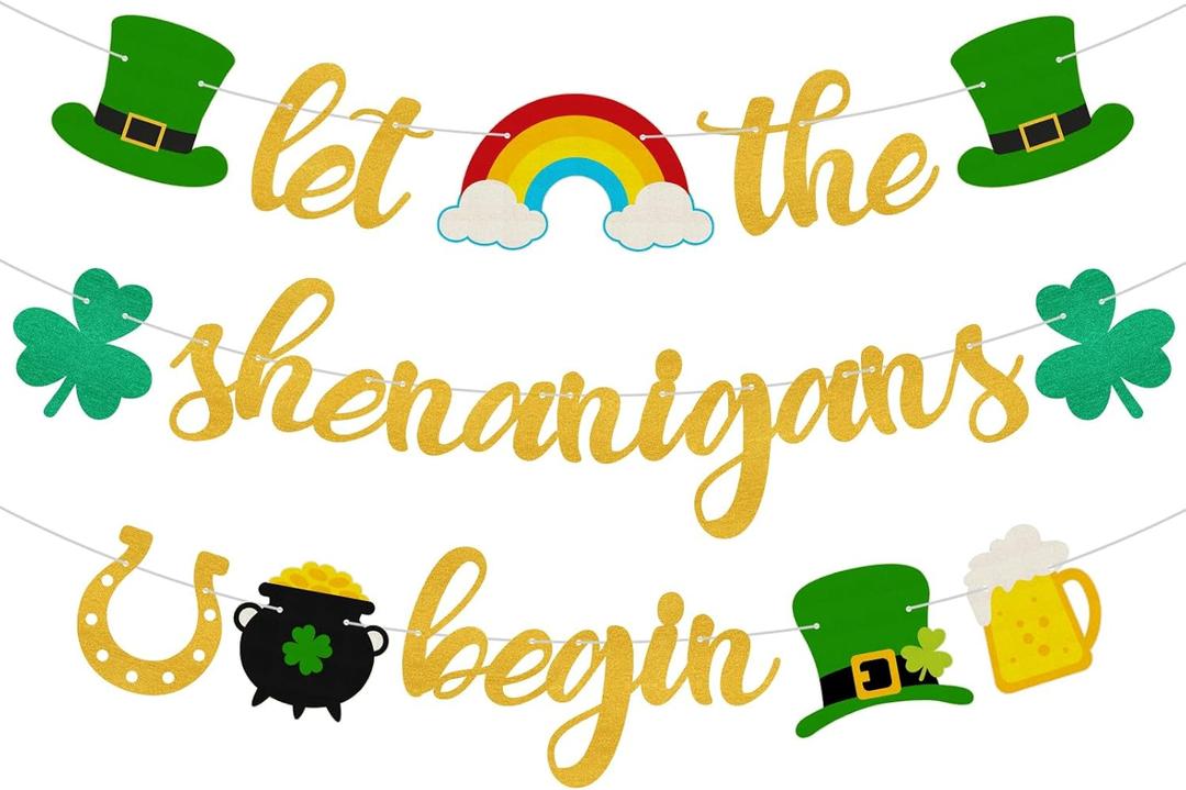 2 x 3pcs St Patricks Day Decorations Banner Pre-Assembled Gold Glitter Let the Shenanigans Begin Hanging Banners Irish Lucky Shamrocks Pot Hat Garlands Sign for Party Decorations