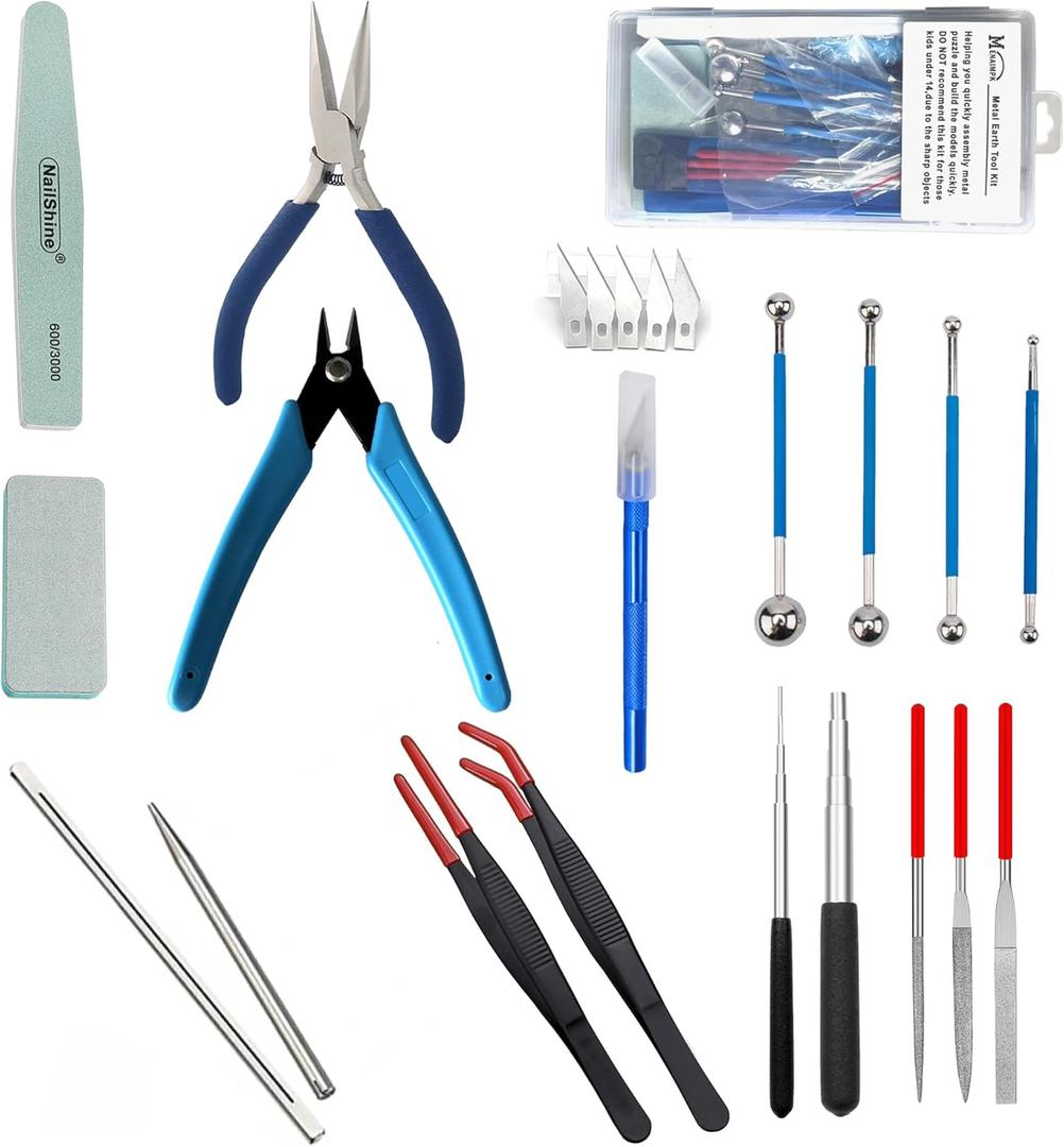Metal Puzzle Tool Kit,3D Metal Puzzle for Adult Tool Set,Metal Earth Tool Kit Including Plier Bending Assist Tab Edge Cylinder Cone Shape Tools, File and Anti Slip Rubber Tweezers