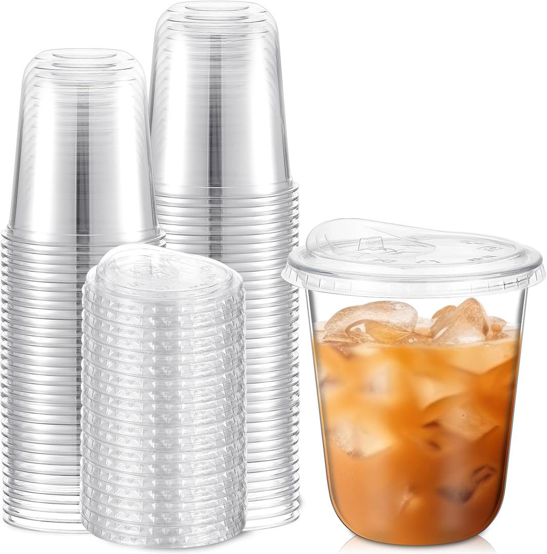 Ziliny 50 Sets 14 oz Clear Plastic Cups with Strawless Sip Lids, Thickened Clear Disposable Plastic PET Crystal Cups for Iced Coffee, Smoothie, Cold Beverage, Drink Shops and Party Catering