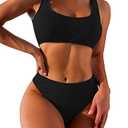 Lilosy High Waisted Tummy Control Bikini Ribbed Sporty Brazilian Swimsuit Set Women Highwaisted Cheeky Cut Leg Rise Bottom Crop Push Up Top 2 Piece Bathing Suit Black 2# Size medium