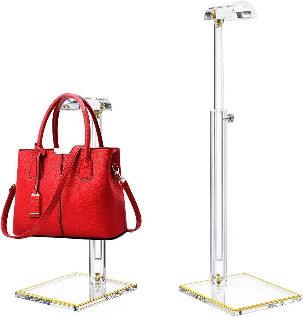2Pcs Purse Display Stands, Height Adjustable10"-16"+14"-24", Acrylic Handbag Stands for Display, Clear Holder for Purse Evening Bag Clutch, Bag Table Rack, Purses Hanging Organizer for Closet Retail Vendor