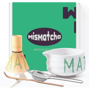 Matcha Whisk Set with 'matcha' Design - 6 Piece Ceramic Matcha Set with a Bowl, Whisk, Stand, Spoon and Sifter - Designed in the UK - Gift Set