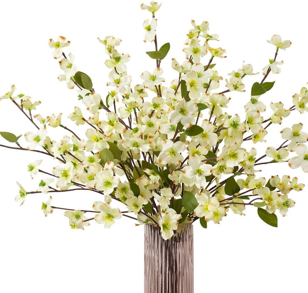 Artificial Flowers Blossom Stems Dogwood Silk Flowers Fake Cornus Bush for Home Decoration Table Centerpieces, 8 PCS (White)