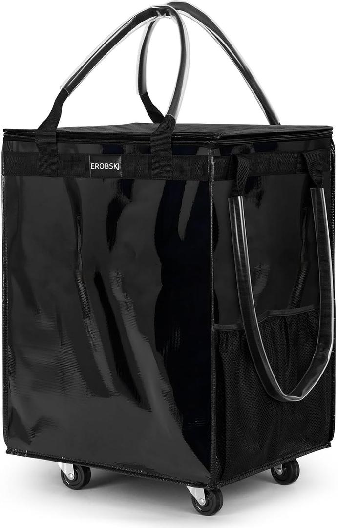 (Medium,Black) Reusable Grocery Bag on Wheels, 70L Foldable Rolling Tote, Carries Up to 66 lbs Shopping Trolley, Zipper Clouser Shopping Carts for Trips, Laundry, 4 Heavy Duty Wheels and 3 Handles