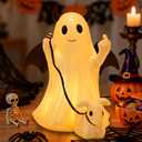 Ghost Walking Dog Statue Decor with LED, Halloween Spooky Ghost Dog Resin Figurine,Cute Light-Up Finger Ghost Decorations for Party, Home, Bedroom, Shelf, Table Centerpiece (Boy)