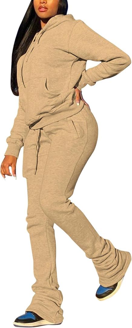 Women's Sweatsuits Sets 2 Piece Outfits Drawstring Hoodies Stacked Jogger Sweatpants Tracksuits Casual Set (Beige, S)