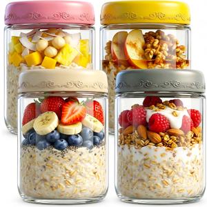 DicraoLea 16oz 4Pack Glass Overnight Oats Jars Containers with Airtight Leakproof Lids, Reusable Mason Jars for Meal Prep, Yogurt Parfaits, Smoothies, Salads & Healthy Breakfasts (16 OZ42)