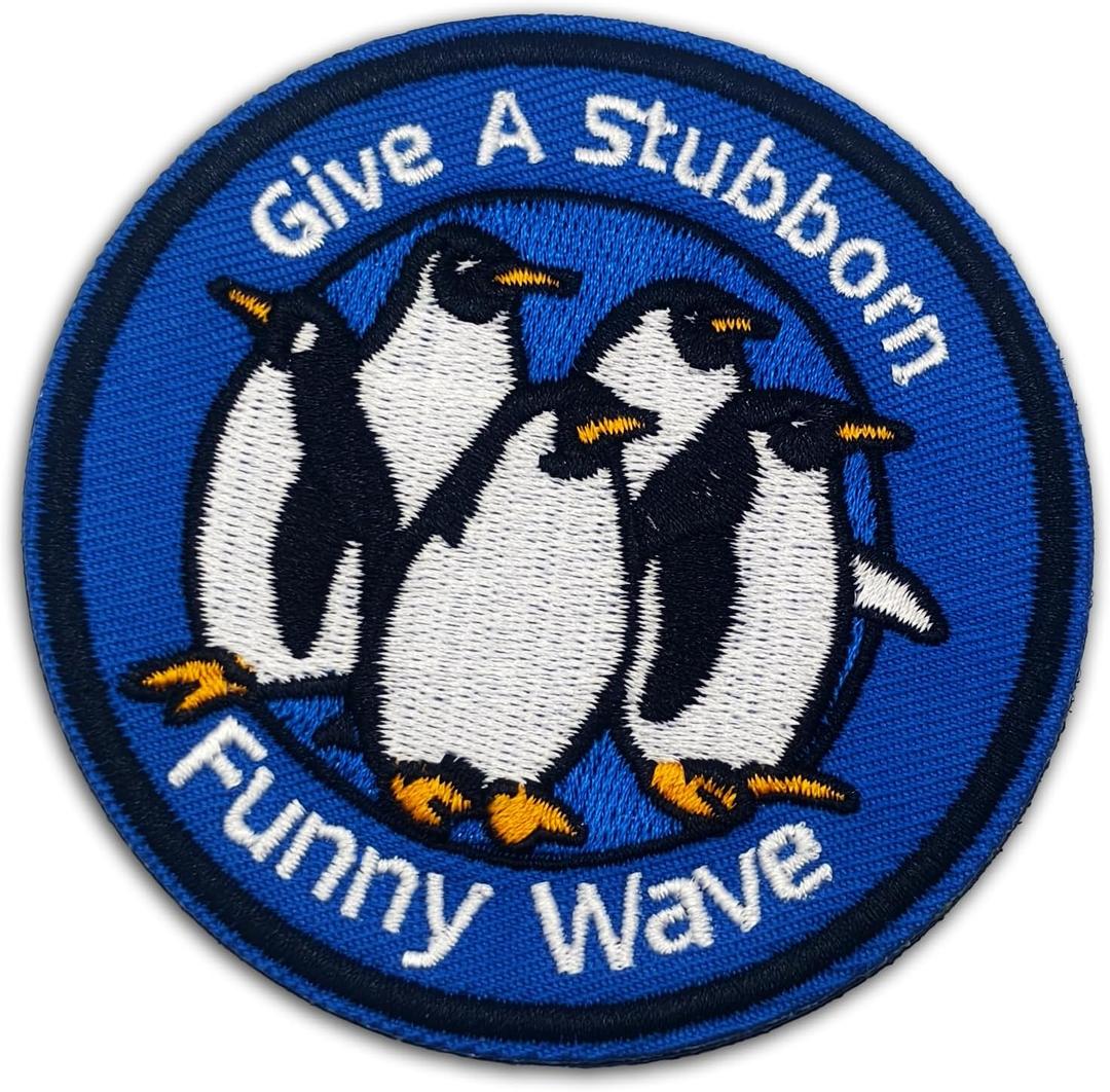 4 x Give A Stubborn Smile Wave Tactical Patch, Funny Penguin Hook and Loop Embroidered Patch, Cute Animal Morale Accessory for Jackets, Backpacks, Dog Harnesses, Army Vests, Bags and Hats