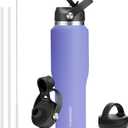HYDROWION 40 oz Insulated Water Bottle with Straw fit in Car Cup Holder(Cold 48 hrs, Hot 24 hrs) Drinking Bottle with Straw Lid, Spout Lid and Flex Cap Leakproof Travel Thermo Mug Purple