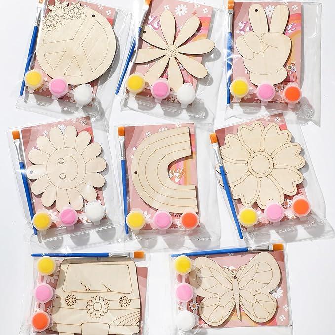Saypacck 24 Pcs Groovy Boho Hippie Party Favors Wooden Painting Craft Kits Birthday Party Supplies with Organza Bag for Goodie Bags Fillers Adult Thank You Gifts
