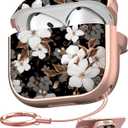 Maxjoy for AirPods 4 Case with Safety Lock, Cute Flower AirPod 4th Generation case Lock Hard AirPod 4 Cover for Women Girly with Keychain for AirPods 4th Generation Cover 2024, Floral (Black + White)