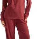 SUUKSESS Women Ribbed Lounge Sets Long Sleeve Pajama Two Piece Sets with Pockets (Red, XL)