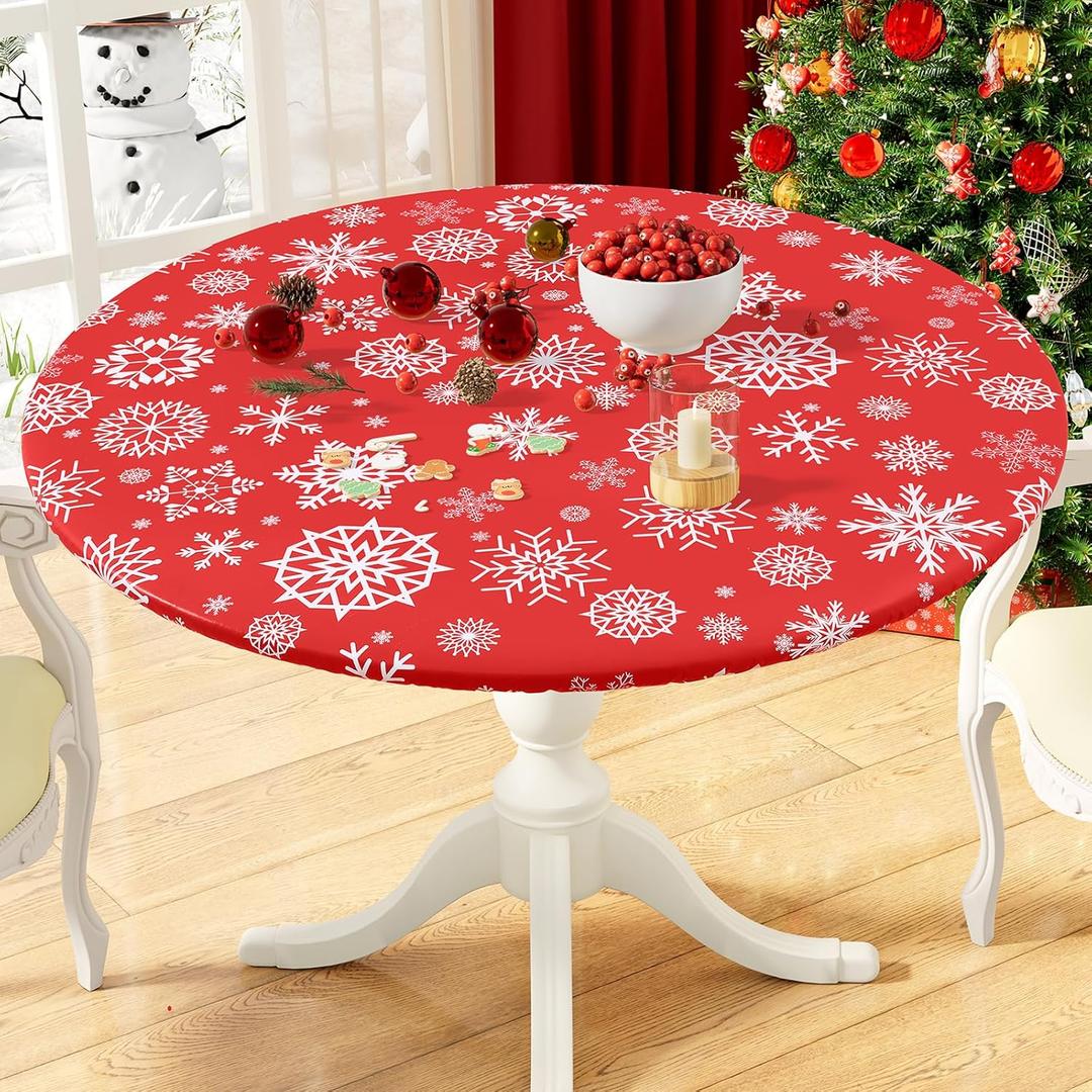 misaya Round Fitted Christmas Tablecloth with Elastic Edge, 100% Waterproof Oil Proof Table Cover, Vinyl Flannel Backed Tablecloth Fits 36"-44" Round Tables for Christmas Dinner