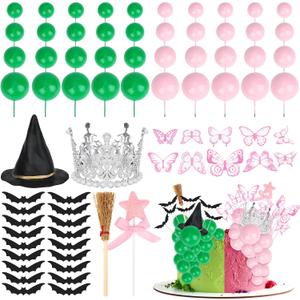 74 Pcs Witch Theme Cake Decorations Party Supplies - Green&Pink Balloons, Mini Witch Hat, Crown, Broom, Magic Wand, Bat and Butterfly Cake Topper - for Princess Witch Halloween Birthday Decoration