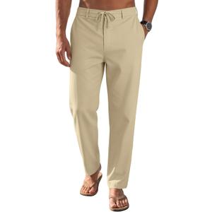 Mens Linenl Pants Casual Loose Straight Elastic Suit Waist Drawstring Trousers Lightweight Beach Vacation Pants (Beige, L)