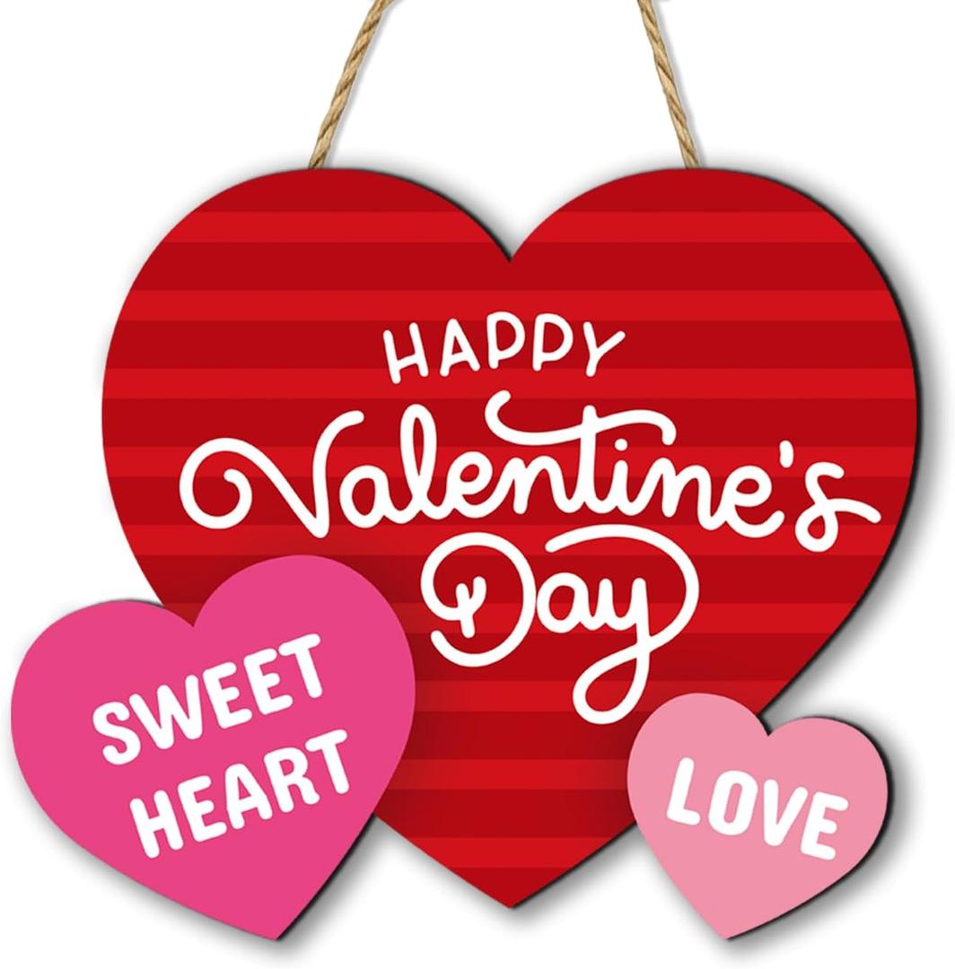 Valentines Day Decorations, Wooden Valentines Day Door Decor, Heart Shaped Door Hanging Sign, Happy Valentines Day Door Hanger Front Door Decorations for Home Porch, Wall, Outdoor (Red)