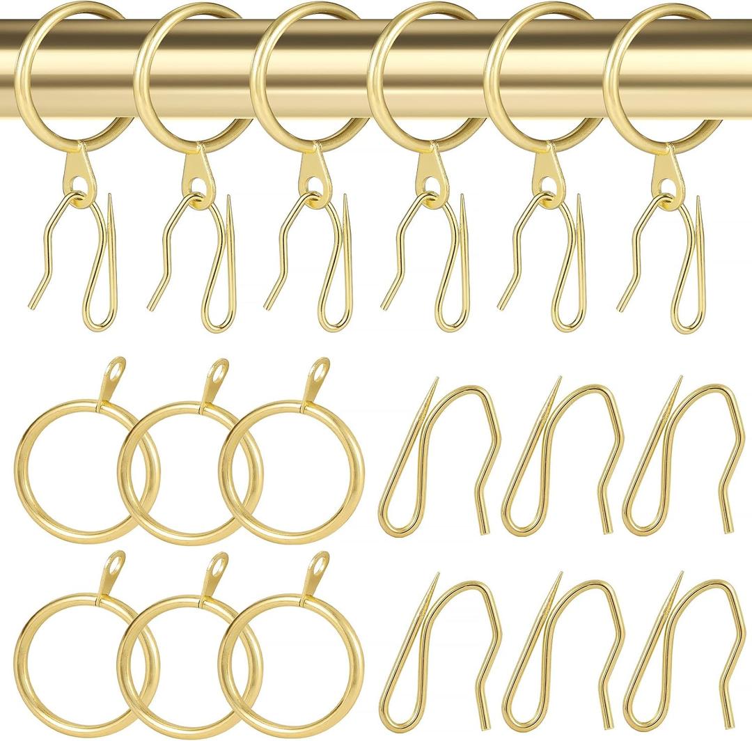 32 pcs Metal Drapery Curtain Rings Curtain Hanging Rings and 32 pcs Metal Curtain Drapery Pin Hooks for Window Door Shower Curtain, 30 mm/1.18 inch Internal Diameter (Gold)
