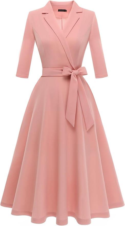 Meetjen Women's V-Neck Formal Dresses 3/4 Sleeve Modest Church Fit and Flare Cocktail Dress for Wedding Guest, Size S