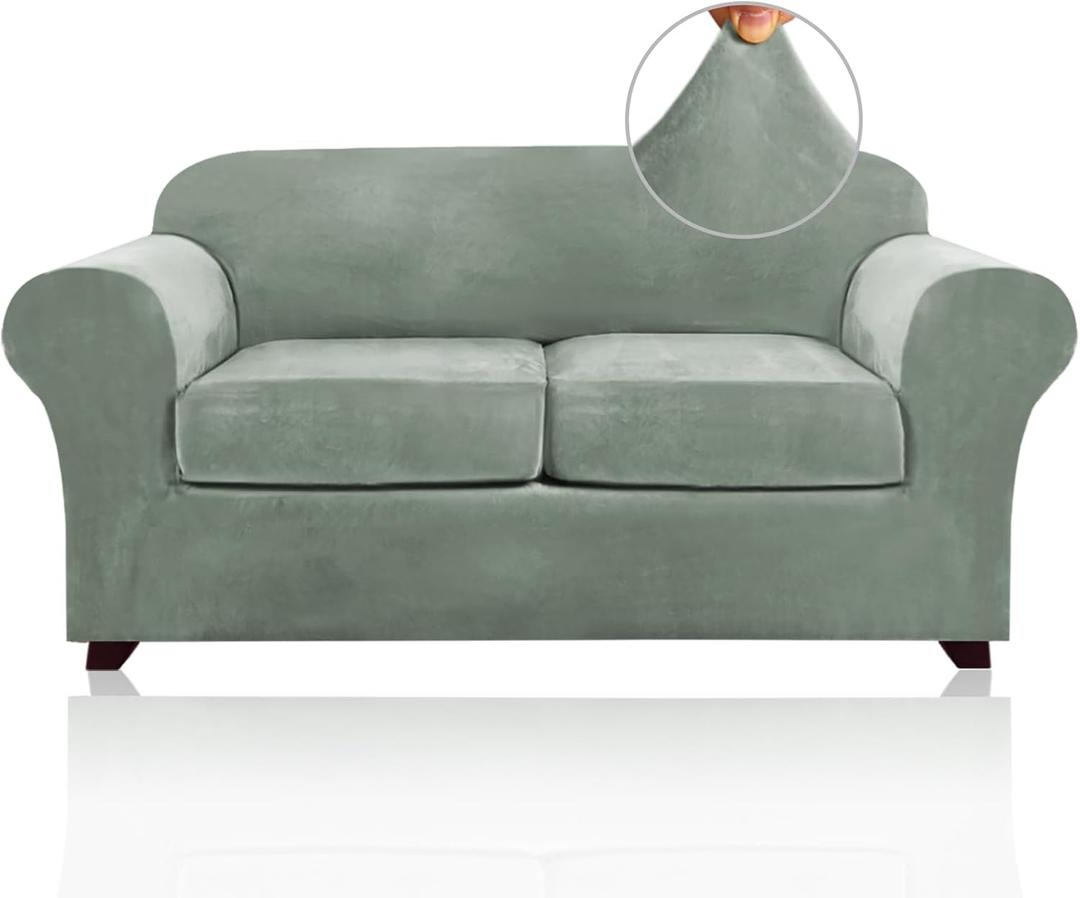 PrinceDeco Velvet Couch Cover Loveseat Covers for 2 Cushion Couch 3 Piece Sofa Covers for Dogs Washable Loveseat Covers Width Up to 72 Inch No Slip Stretch Sofa Slipcover(Medium, Seagrass)