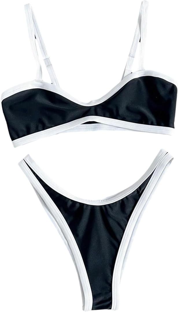 SHENHE Women's Sexy Scoop Neck Bikini Set Color Block High Cut Cheeky 2 Piece Swimsuits, Small
