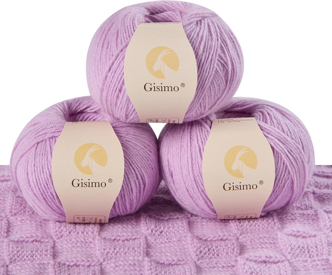 100% Inner Mongolian Cashmere Yarn, 6-Ply Luxurious and Soft Yarn for Hand Knitting & Crocheting (Light Purple,3 Balls)
