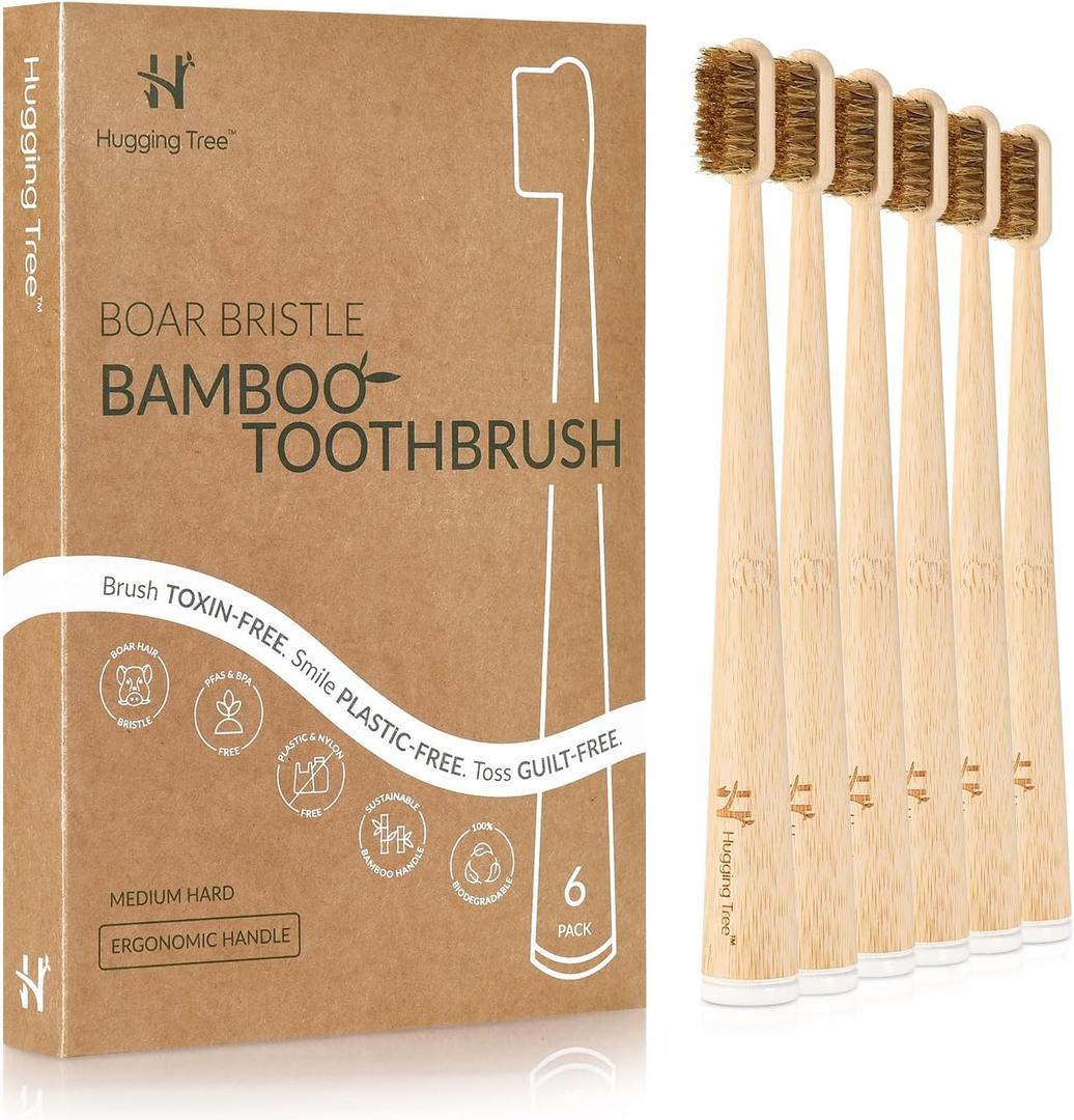 Boar Bristle Bamboo Toothbrush, Made from Natural Boar Hair Bristles, Plastic-Free (Pack of 6)