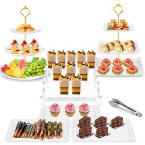 Xoogifae 7pcs Dessert Table Display Set, 2pcs Tiered Cupcake Stand Holder Tower, 1pc Acrylic Dessert Display Riser, 3pcs Serving Trays, 1pc Tong Combo For Wedding Party Birthday Bride Baby Shower