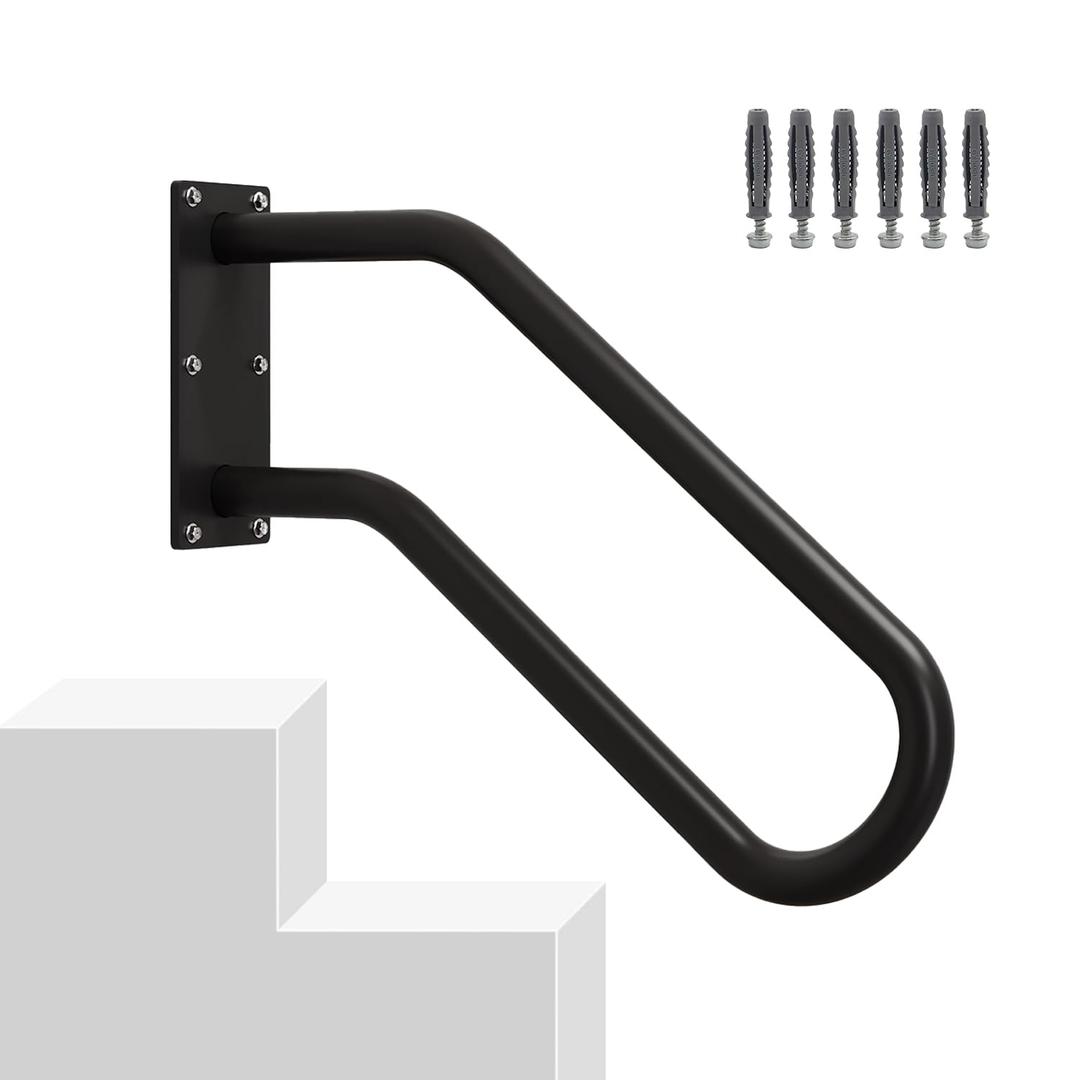 Hand Rails for Outdoor 1-2 Steps, Indoor Stairs, Bathroom, Wall Mount Non-Slip U-Shape Stair Hand Railing Black 1 Pack