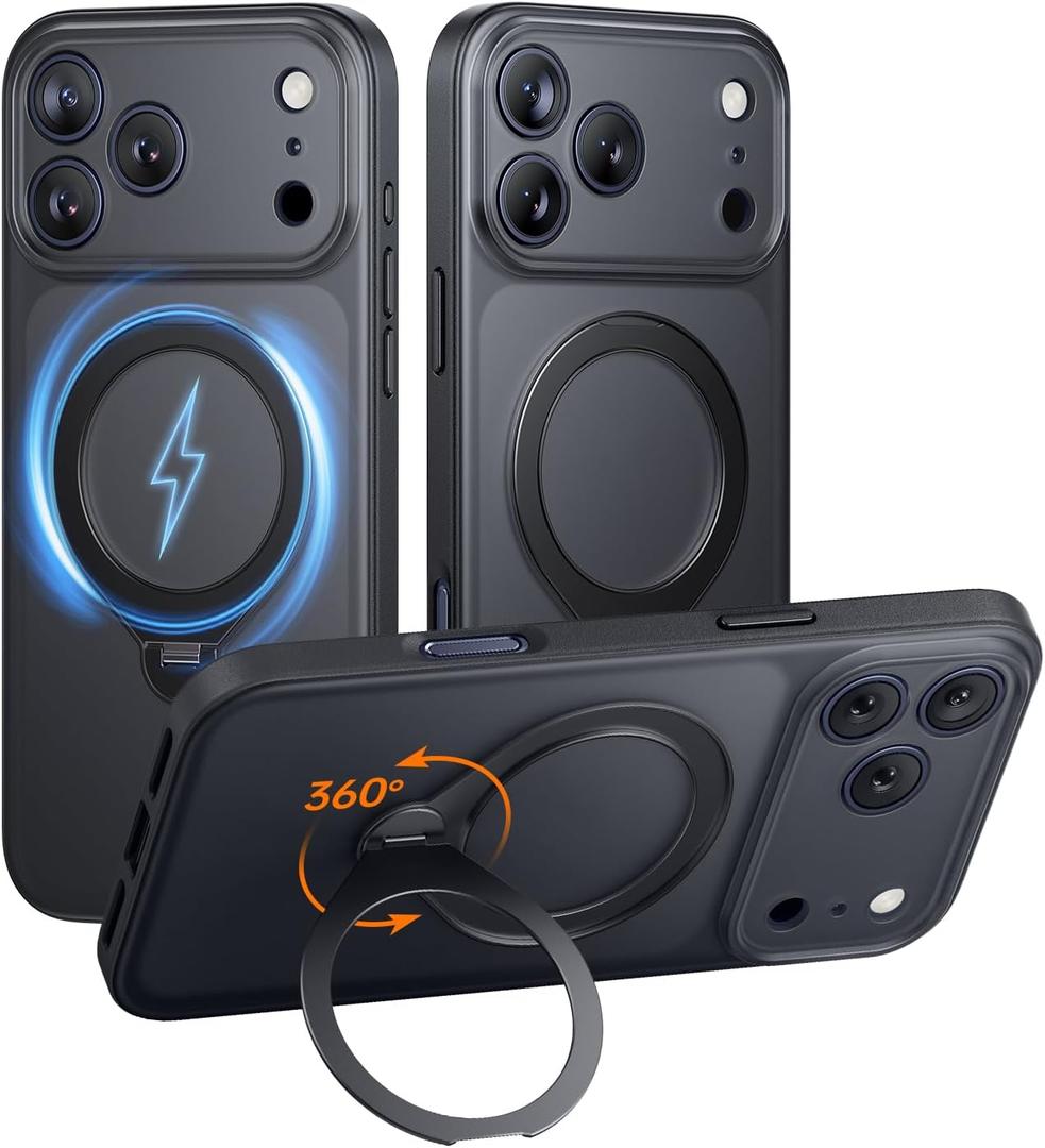 Magnetic for iPhone 17 Pro Max Case with Stash Stand, Military Grade & Full Camera Protection, Compatible with MagSafe, Anti-Slip, Translucent Matte (Black)