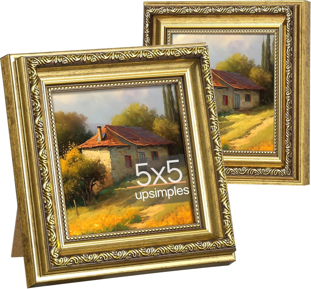Upsimples 5x5 Picture Frame with Real Glass, Ornate Vintage 5 x 5 Photo Frames for Wall Decor or Tabletop Display, Gold, 2 Pack