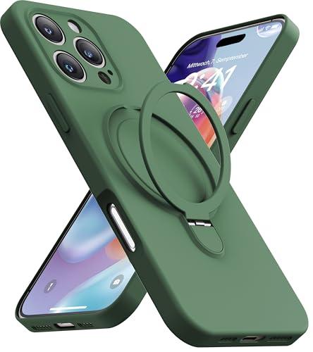 Mephoro Magnetic Stand for iPhone 16 Pro Max Case, Liquid Silicone, [Compatible with MagSafe][Built-in Kickstand&Ring Holder] Anti-Scratch Soft Microfiber Lining, Midnight Green