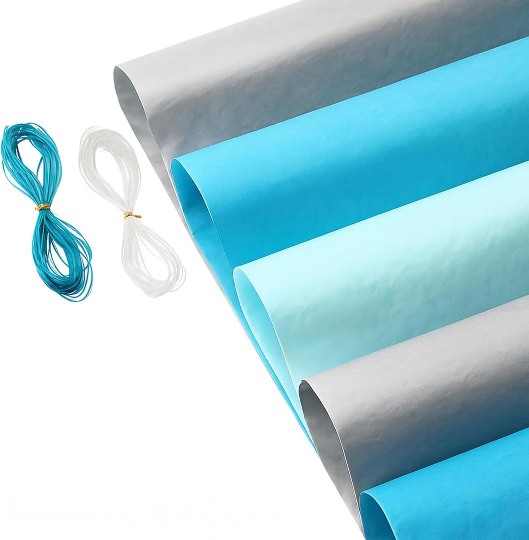 Hestya 50 Sheets Christmas Tissue Paper with 2 Ribbon 19.6 x 27.5 Inch for Wrapping Gift Party Supplies Holiday Xmas Presents Crafts(Sky Blue,Light Blue,Silver)