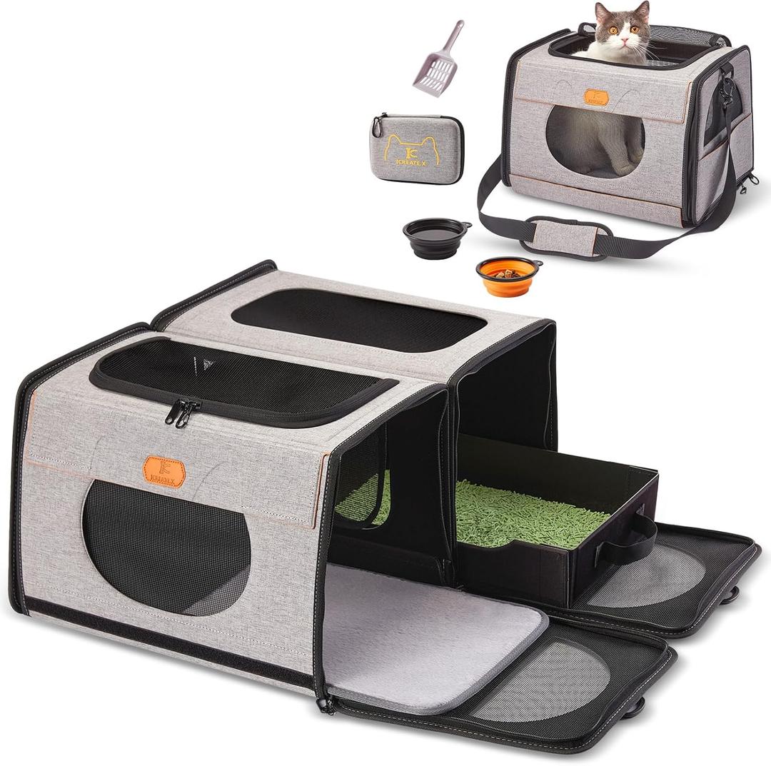 IC ICREATE.X Large Cat Carrier with Litter Box for Car Travel, Pet Carrier Bag 2-in-1Double Cat Travel Transport Carrier for Long Distance, Collapsible Dog Crate, Cat Bag for Kitten 2 Cats