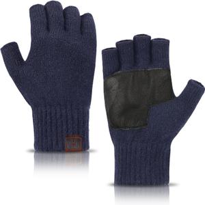 MAYLISACC 1/2 Pairs Winter Knit Fingerless Gloves, Warm Touchscreen Texting Open Finger Gloves with Anti-Slip Leather (Navy)