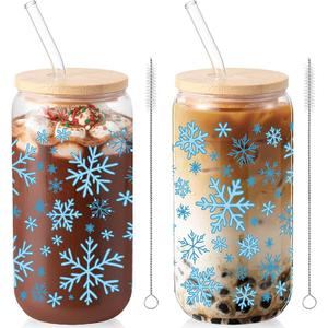 Sliner 2 Pcs Snowflake Glass Cups Christmas Winter Tumbler with Lid Straw Drinking Glasses 16 oz Iced Coffee Cup with Cleaning Brush Beer Can Tumbler Cute Holiday Gifts for Home Office Decorations