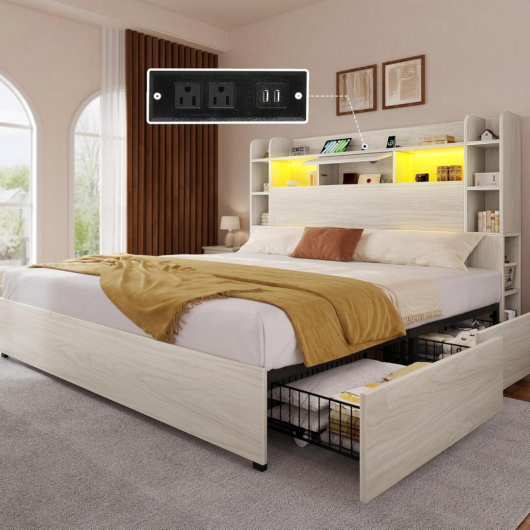 YITAHOME Queen Bed Frame with Bookcase Headboard and 4 Storage Drawers, RGB LED Bed Frame with USB Charging Station Storage Headboard Bed, No Box Spring Needed, Noise Free, Antique White
