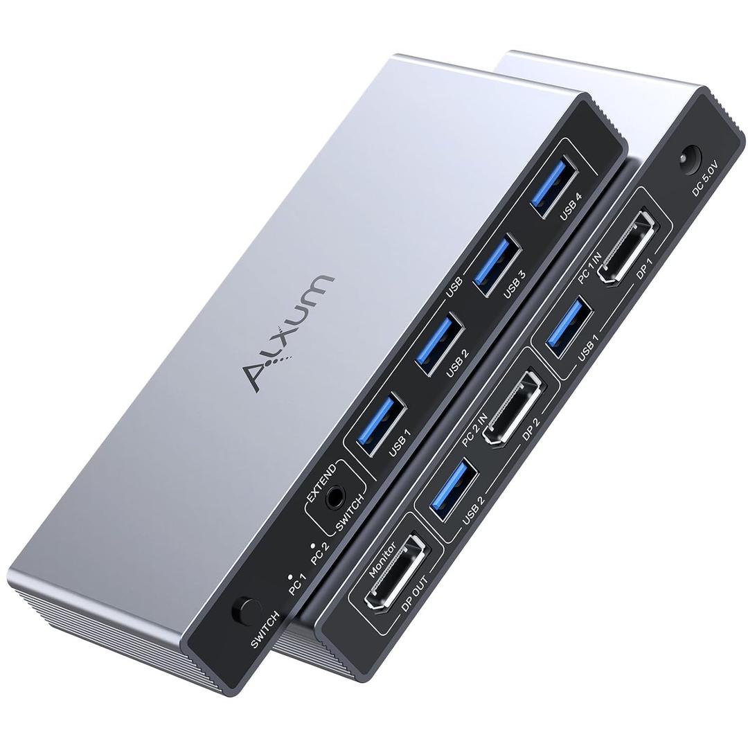 Alxum DP 1.4 KVM SwitchTwo Computers Sharing One Monitor,Two Mode Switching,8K 60Hz Ultra HD, 4 USB A 5Gbps for Keyboards,Mouse,USB Drives,External Hard Drives,with Desktop Controller&DC5V Adapter