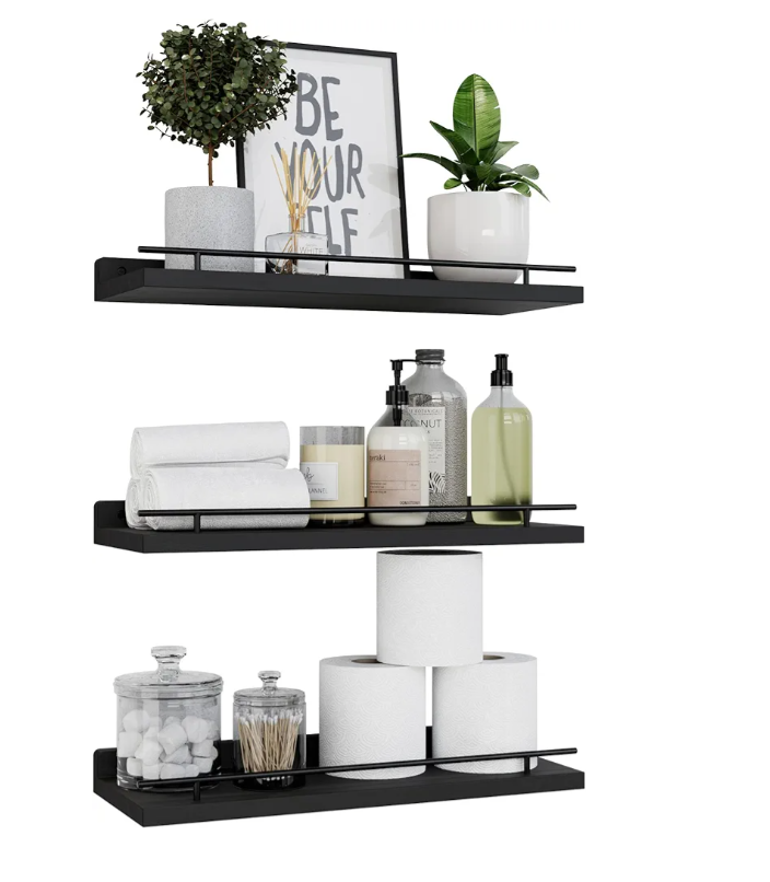 WOPITUES Floating Shelves with Black Metal Guardrail, Shelves for Wall Decor Set of 3, Wall Shelves for Bedroom, Bathroom, Kitchen, Living Room, Plants, Picture Frames, Art- Black
